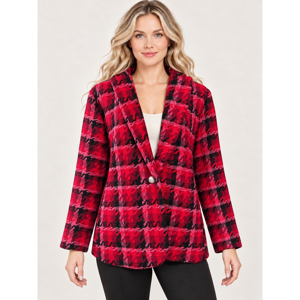 Tahari Woman Pink Red Black Plaid Tweed Metallic Gold Blazer Coat Plus Size 14W